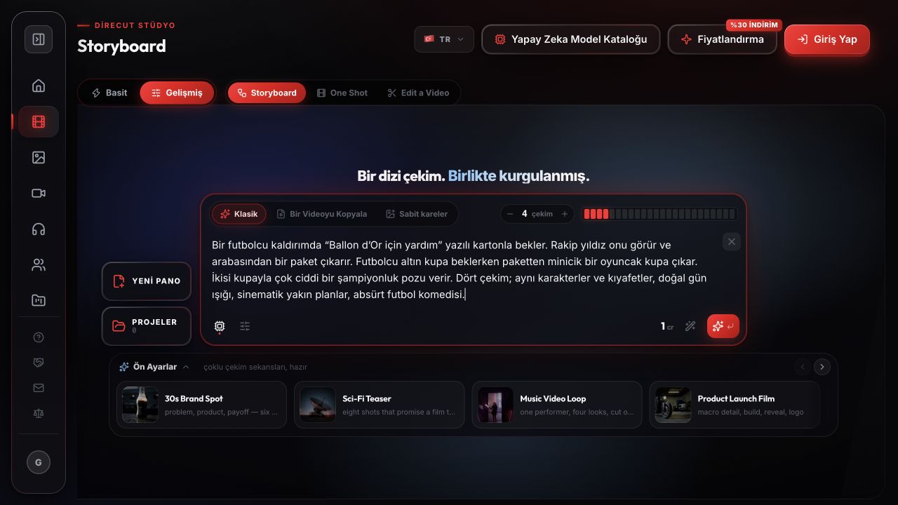 Gerçek Storyboard ekranında dört çekim